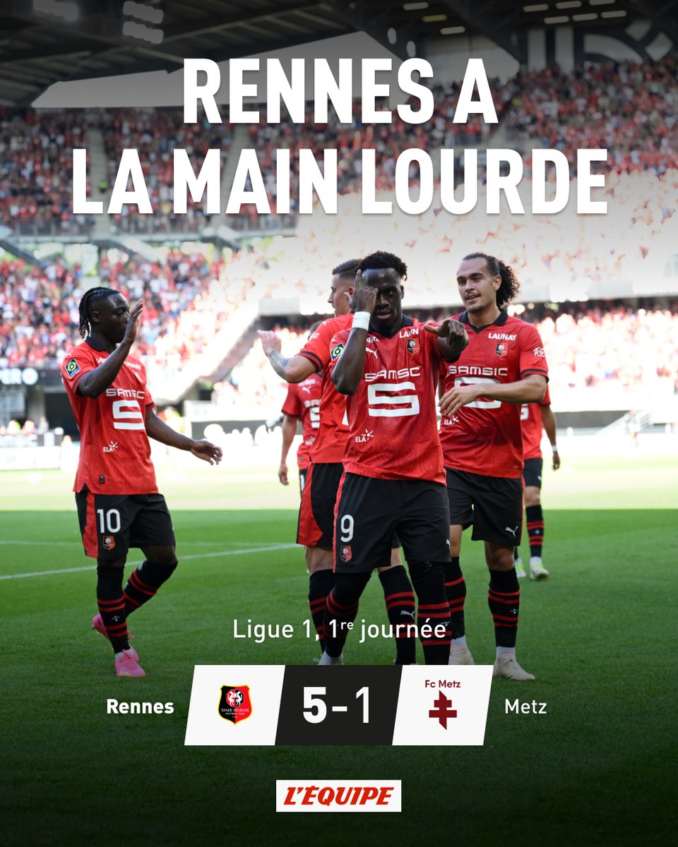lequipe's tweet photo. Rennes a bien débuté la L1 en s'imposant contre le promu messin (5-1), dimanche. Courtisé par Manchester City, Jérémy Doku a notamment marqué un but. https://t.co/XuFgEt8NHv #SRFCFCM https://t.co/UMaXzSeKkC