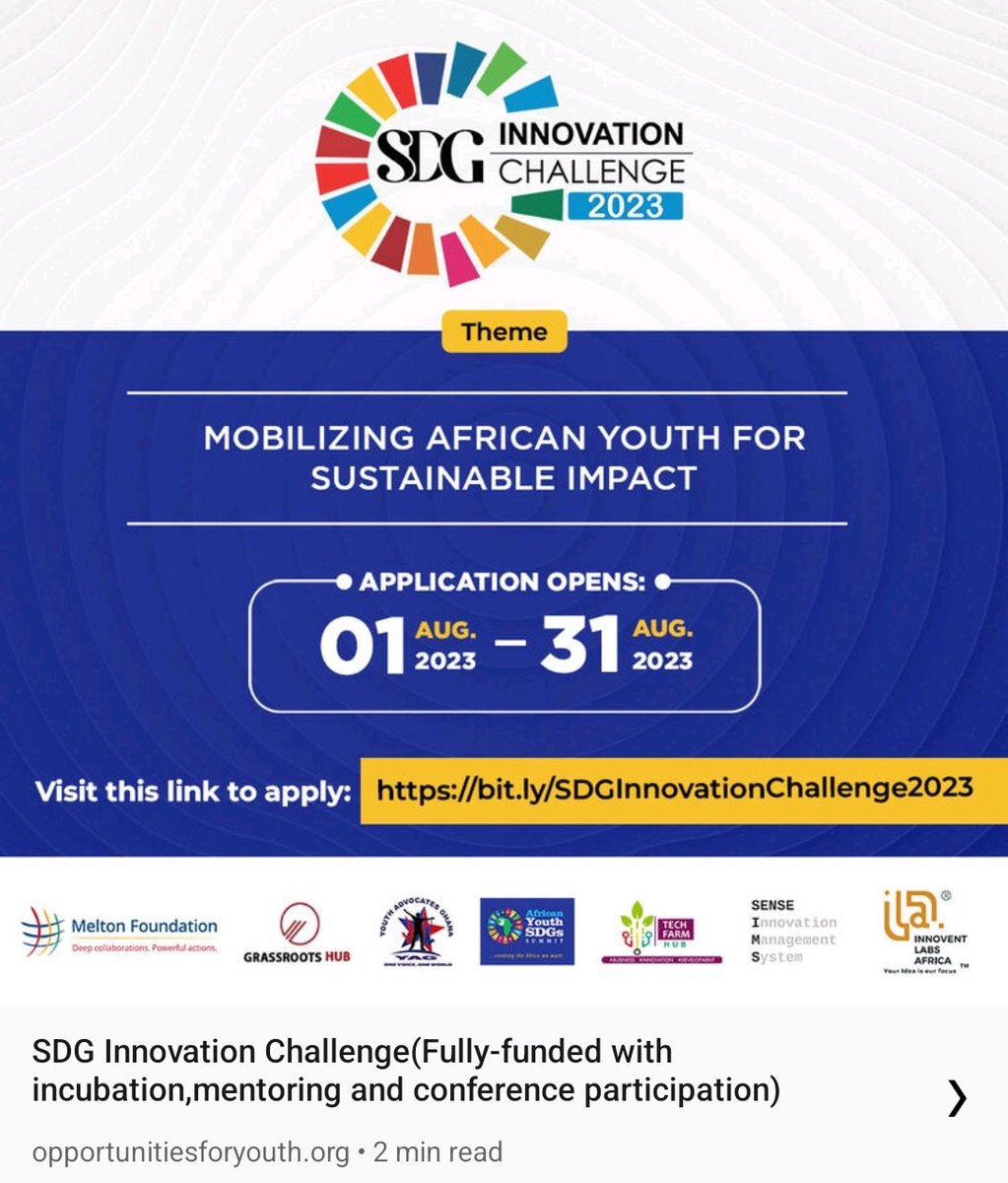 🌍 African youth with a vision for sustainable development! 🚀 Join the #SDGInnovationChallenge, Sept 21-23. Transform lives with your idea at local, national, global levels. Register by Aug 31: bit.ly/3KyzdrS. 

#YearOfYouth #Innovation #SDGs #Opportunity