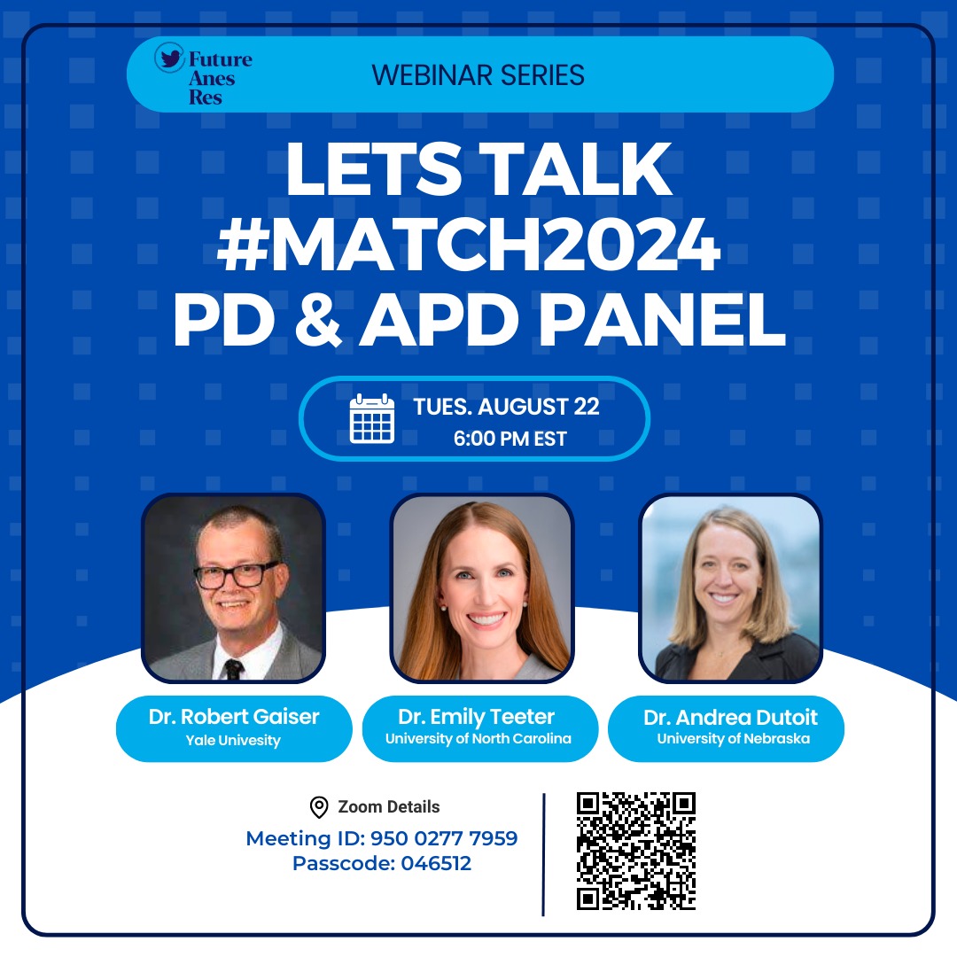📢This event is for all MATCH 2024 applicants that are applying to Anesthesiology 📢
Please join us for this upcoming talk that has PDs and APDs from 3 different residency programs. Topics include ERAS and recent changes for the upcoming cycle. We hope to see you there!