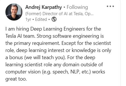 maynk_ydv's tweet image. 🚀 Ever wonder how to get hired by Tesla&apos;s AI team? Stumbled upon a year-old LinkedIn gem by him outlining the secrets! 🤯 That&apos;s when I realized: it&apos;s not just about deep learning, it&apos;s about mastering software engineering and data structures too!  #Tesla #TechSecret #ElonMusk