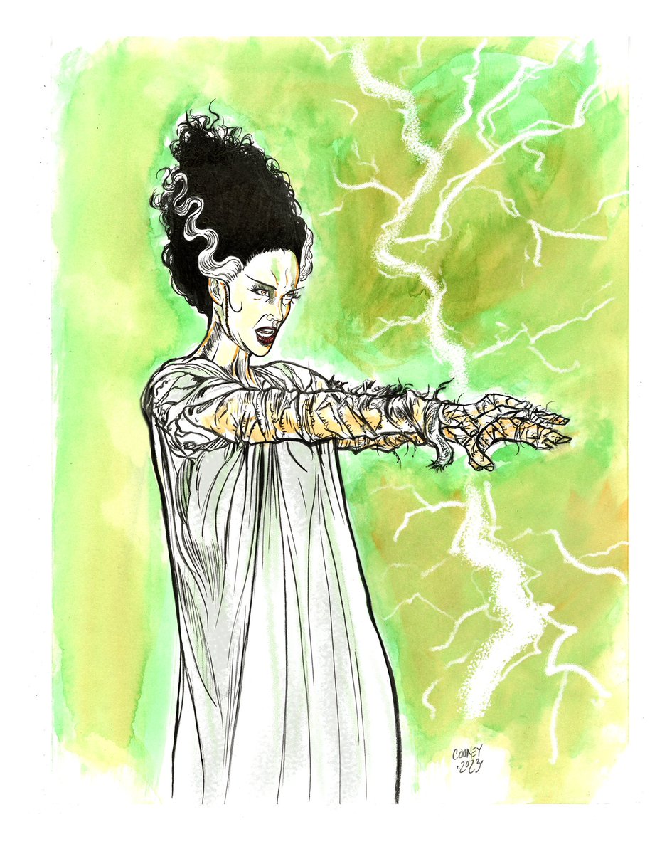 dcooneyart's tweet photo. The Bride of Frankenstein. Playing around with @drphmartins watercolor inks and a bit of digital lightning in Photoshop. 🎃⚡️💀
Inked with a @twsbi Vac 700r #fountainpen @winsorandnewton sable series 7 brush
#maryshelley #frankenstein #thebrideoffrankenstein #themodernprometheus https://t.co/MWEetyLY42