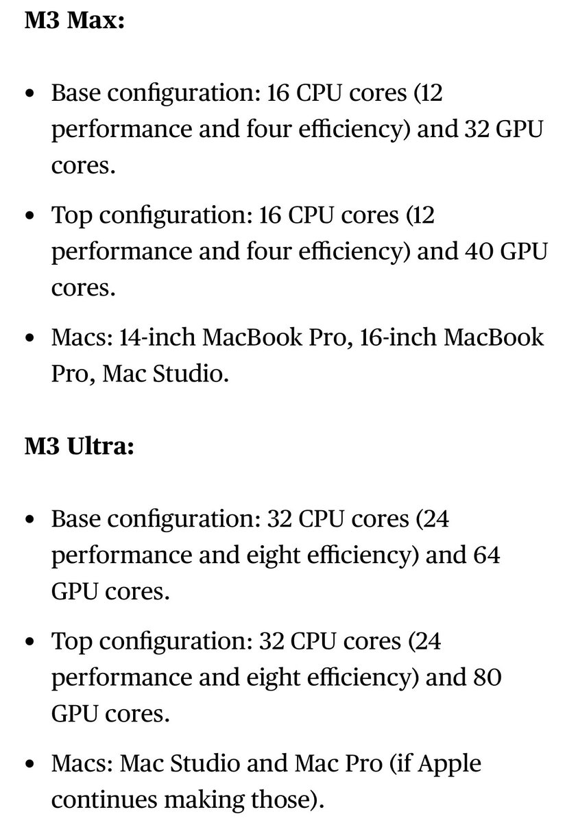 markgurman's tweet image. My expectations for the Apple M3, M3 Pro, M3 Max and M3 Ultra specs, configurations and Macs. bloomberg.com/news/newslette…