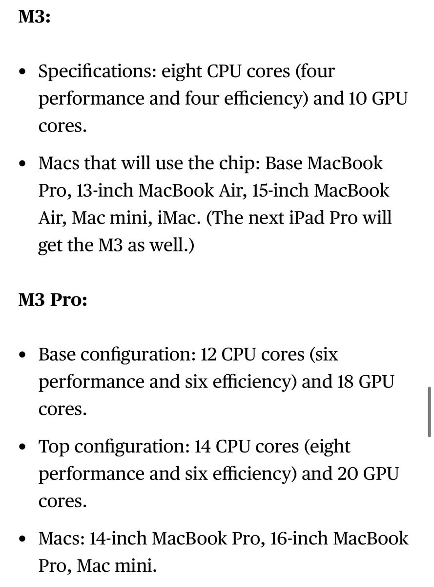 markgurman's tweet image. My expectations for the Apple M3, M3 Pro, M3 Max and M3 Ultra specs, configurations and Macs. bloomberg.com/news/newslette…