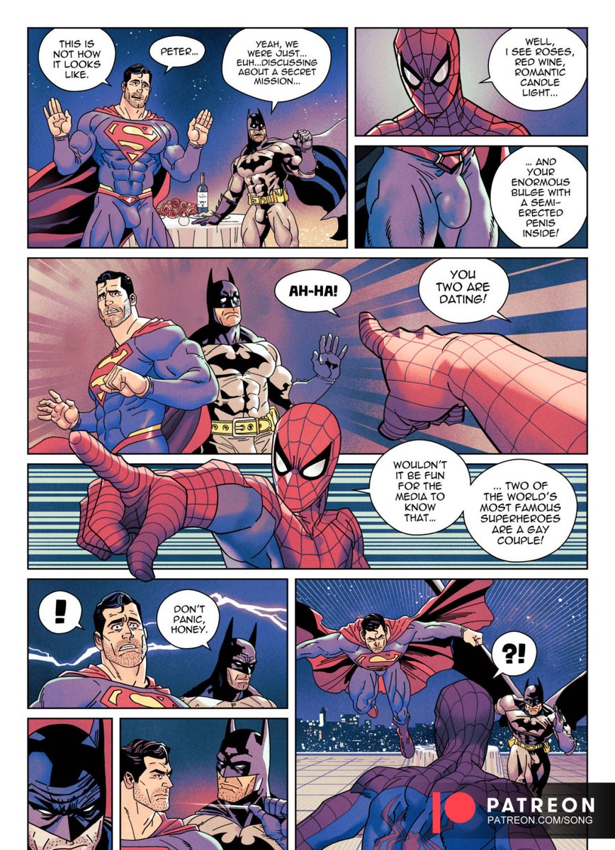 The moment when Spider-man discovered Superman and Batman were a loving gay couple, and they tried to eliminate him. 😈💕