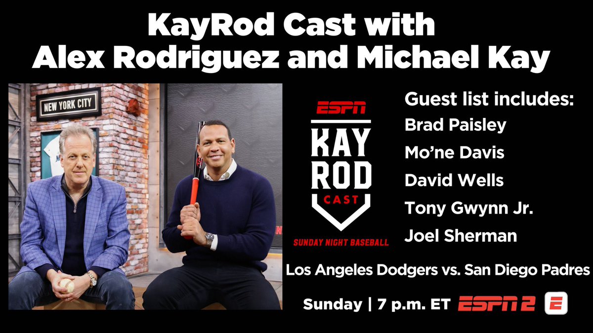 BradPaisly5407's tweet photo. Sunday, #KayRodCast with @AROD & @RealMichaelKay will welcome a variety of special guests throughout the telecast
⚾️ 7p ET | #HereToPlay vs #BringTheGold | ESPN2, ESPN App
*Traditional telecast available on ESPN https://t.co/JM68821Wzv