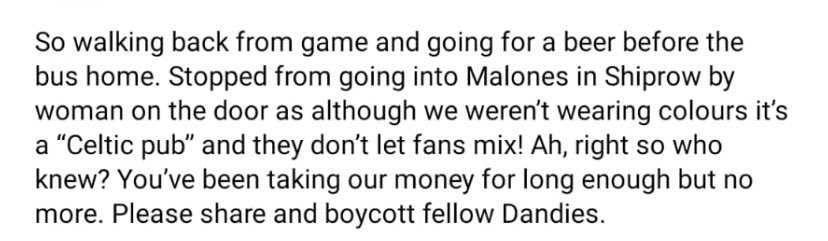 Fellow Dandies, let’s do Malones on Shiprow a favour and never darken their door again 😡😡 only been in the place once so no loss to me, I didn’t realise we had ‘Celtic’ pubs in this town 😡😡 #disgusting #letthemrelyongreenmoney