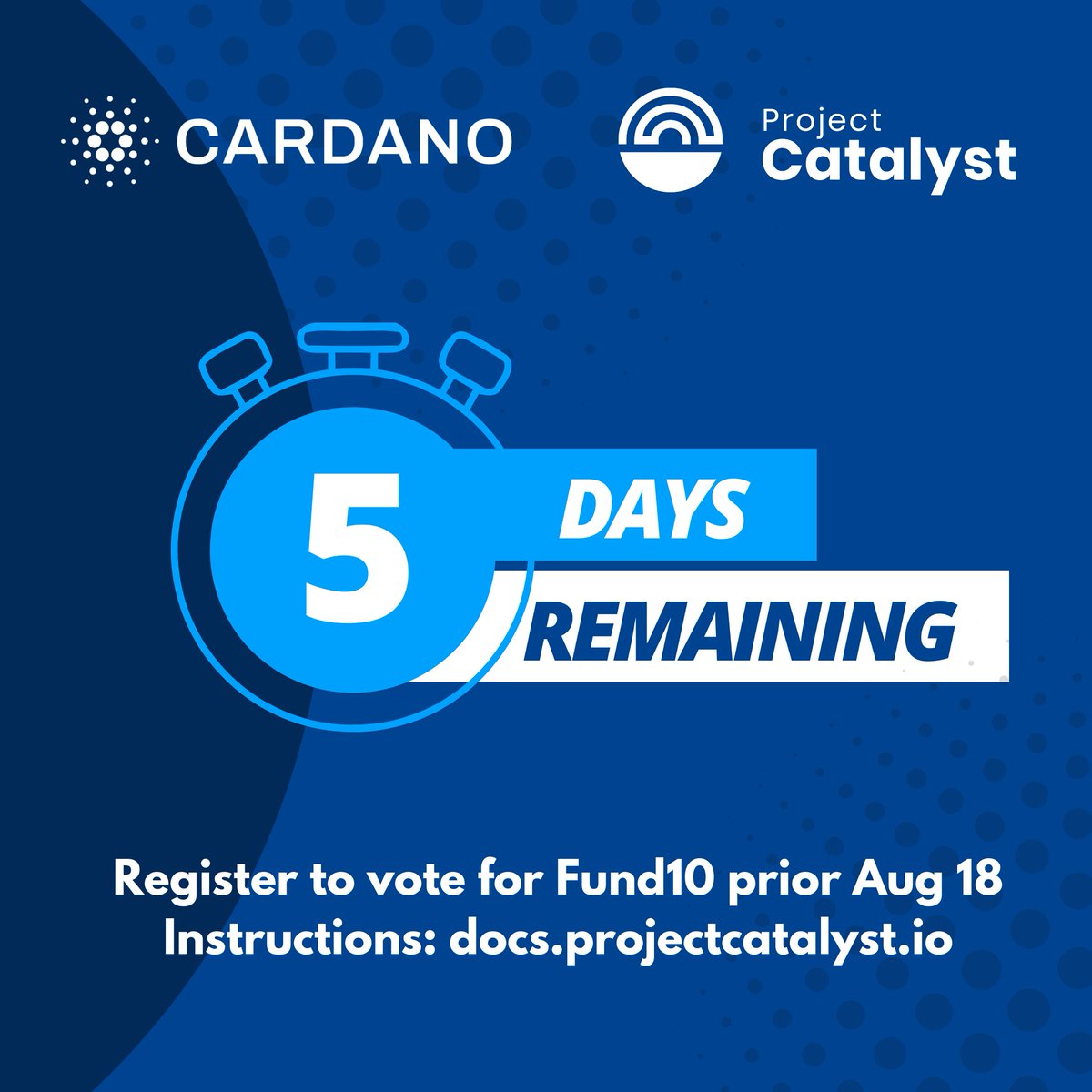5⃣days to go #Cardano 

Don't forget to (re)register to vote for F10 prior Aug 18.  

⚠️ Old registrations are NOT eligible for voter rewards.

✍️ Guide: docs.projectcatalyst.io/catalyst-basic…
✅ Verify:  verify.testnet.projectcatalyst.io
🗳️ Voting: Aug 31 - Sep 14
Results: 〜Sep 21

#ProjectCatalyst ⚡️