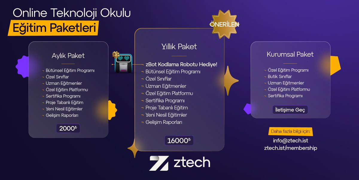 Türkiye’nin ilk yerli üretim kodlama robotu zBot 1 yıllık online teknoloji eğitimlerimize kaydolan herkese hediye 🎁

* Özel Sınıflar
* Uzman Eğitmenler
* Sertifika Programı
* Gelişim Raporları
* Yeni Nesil Eğitimler
* Özel Eğitim Platformu

Bilgi için:
ztech.ist/membership