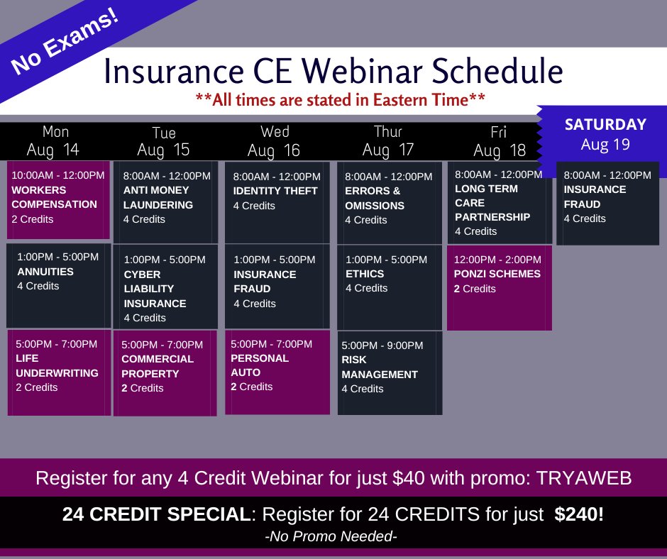 EITINS's tweet photo. Spend some time with us this week - on the web! Register now for our live #Insurance #CE #webinars and earn your credits with NO travel and NO exams! Now just $240 for 24 credits.
.
Learn more and register at: https://t.co/xcslqnw95p
.
.
.
#RemoteCE #EasyCE https://t.co/kGEcDzJNr7