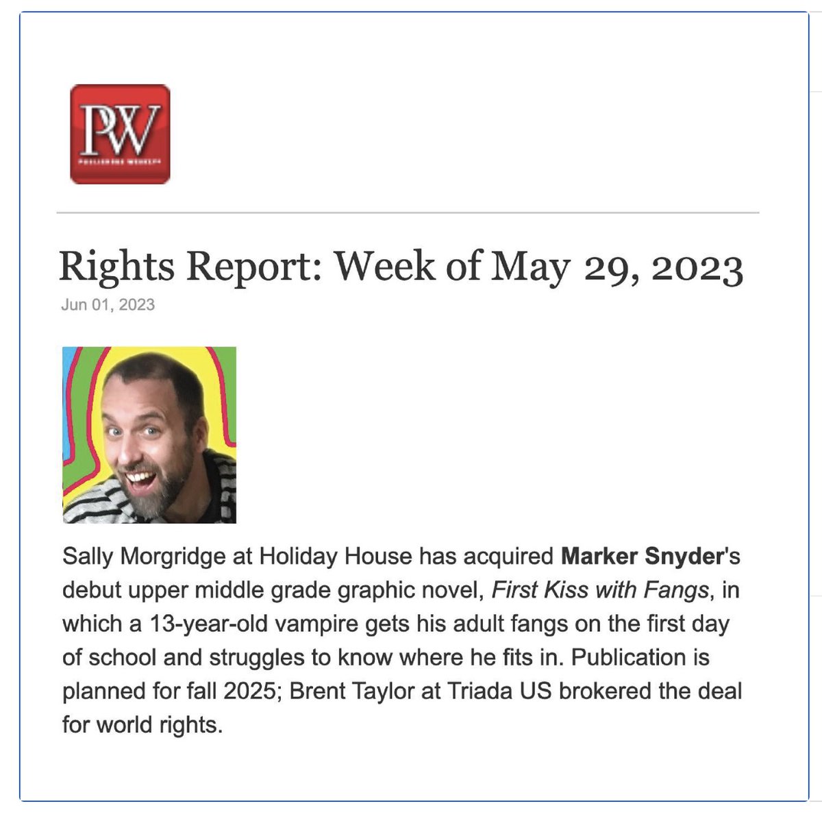 Society of Children's Book Writers & Illustrators (@scbwieasternny) on Twitter photo #scbwi #goodpublishingnews (A little belated Congratulations!) ❤️Eastern Up! member Marker Snyder <a href="/redsharkboy/">Marker Snyder</a> is now represented by <a href="/btaylorbooks/">Brent Taylor</a> Yay!
And SOLD his debut upper middle grade graphic novel, First Kiss with Fangs, to Sally Morgridge at <a href="/HolidayHouseBks/">Holiday House Publishing, Inc.</a> #mgkidlit #scbwi #goodpublishingnews (A little belated Congratulations!) ❤️Eastern Up! member Marker Snyder <a href="/redsharkboy/">Marker Snyder</a> is now represented by <a href="/btaylorbooks/">Brent Taylor</a> Yay!
And SOLD his debut upper middle grade graphic novel, First Kiss with Fangs, to Sally Morgridge at <a href="/HolidayHouseBks/">Holiday House Publishing, Inc.</a> #mgkidlit