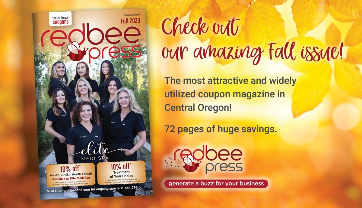 RedBeePress's tweet photo. Red Bee's Fall '23 issue is in mailboxes this week. SAVE BIG with all our fabulous coupons! SHOP LOCAL!  #centraloregon #shoplocal #coupons #sunriver #bend #tumalo #sistersoregon #madras #redmond https://t.co/mcPvk4Y4yq