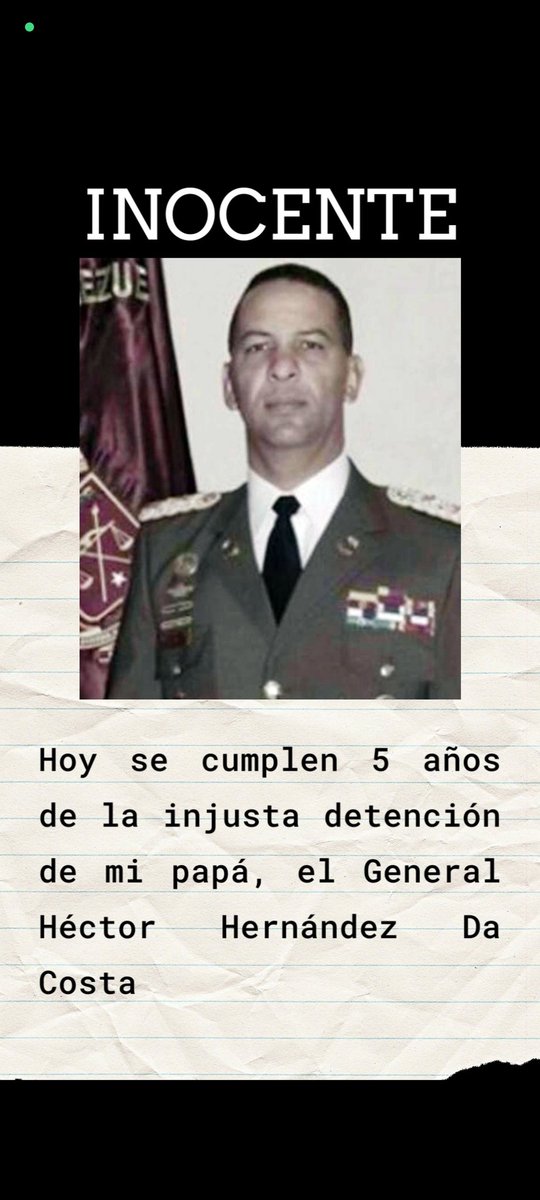 loresblog's tweet photo. 5 años de la detención de mi amado y honorable padre, el general Héctor Hernández Da Costa. Tiene una medida de liberación inmediata de la ONU, que aún no ha sido acatada (sigue) https://t.co/84R6uC5By9