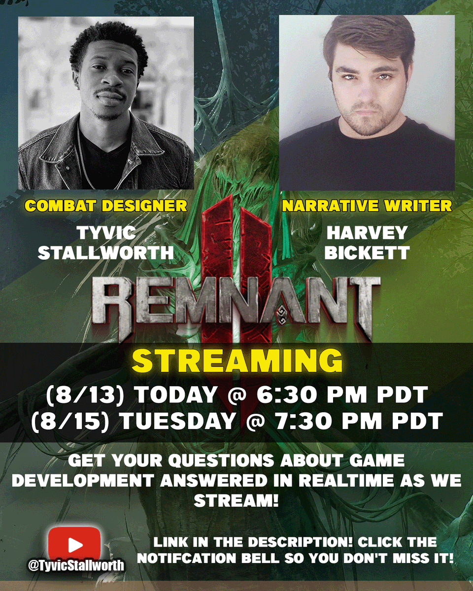 Come join us as we stream Remnant 2! Ask any Game Dev questions you need answered as you watch!  
(8/13) Today @ 6:30 PM PDT: youtube.com/live/jHdTTbq-e…
(8/15) Tuesday @ 7:30 PM PDT: youtube.com/live/nqVzUbdgW…