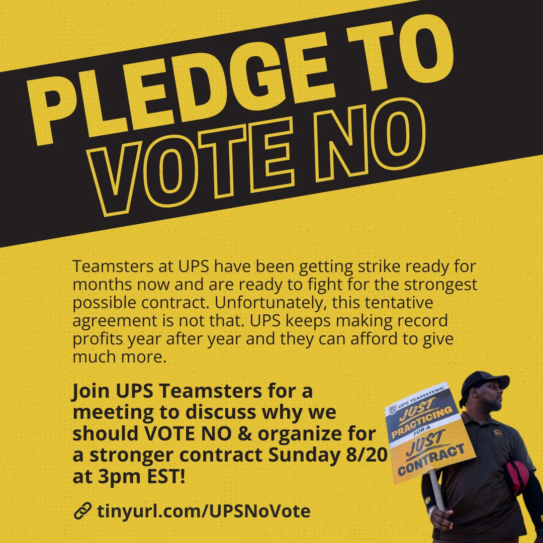 wrkrsstrikeback's tweet image. 👇Join UPS Teamsters for a meeting to discuss why we should VOTE NO & organize for a stronger contract Sunday 8/20 @ 3pm EST!
Teamsters have been getting strike ready for months. UPS is making record profits & they can afford to give much more.
RSVP now: tinyurl.com/upsnovote