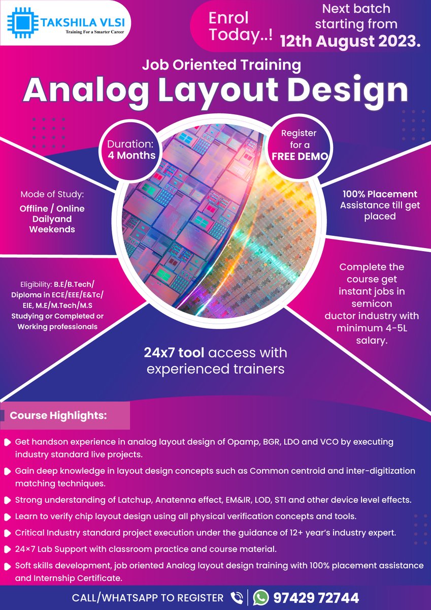 Takshila VLSI’s Job Oriented Analog Layout Design Course. Next batch starting from 12thAugust 2023. Call/Whatsapp 97429 72744 to register. Or Register yourself by clicking the link here: bit.ly/3BRowMK
Eligibility: B.E/B.Tech/Diploma in ECE/EEE/E&Tc/EIE, M.E/M.Tech/M.S