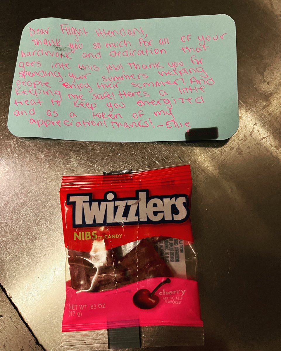 flyheatherfly's tweet photo. Once in a while you have a passenger who melts your heart. Ellie was a young girl who gave each crew member a handwritten note and a treat ( pilots too). Ellie I hope Paris gives you as much love as you gave us. Your note is safely in my work keepsakes box. ❤️✈️ #crewlife https://t.co/t7dZnPeGke