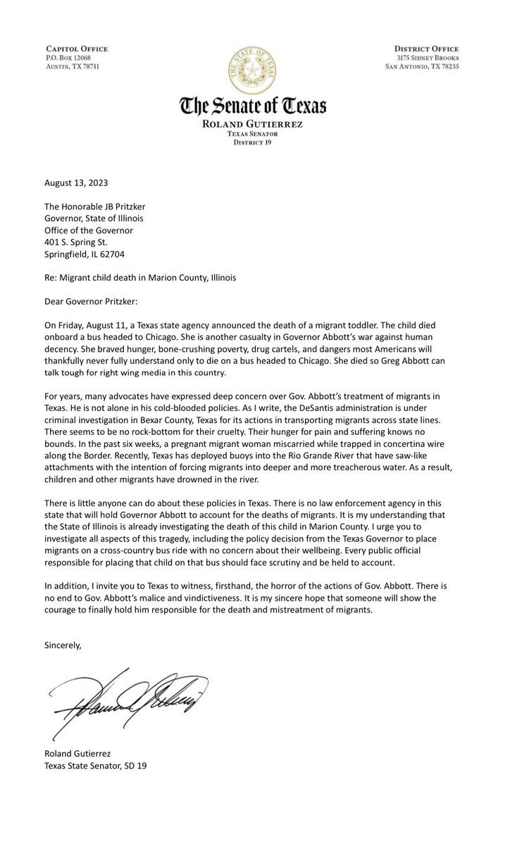 RolandForTexas's tweet photo. On Friday, a migrant toddler was found dead aboard a bus headed to Chicago.

She died so Abbott can talk tough for right wing media. 

Today, I sent this letter to Governor Pritzker to see the horrors for himself. We need leaders who will stand against this barbaric system. https://t.co/ldfuqWtR6m