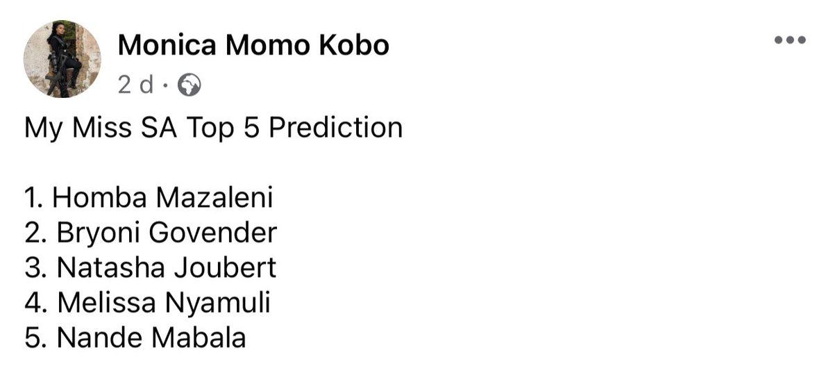 Monicakobo's tweet photo. My prediction 🔥
#MissSA2023 https://t.co/9TxVJVZI4Y