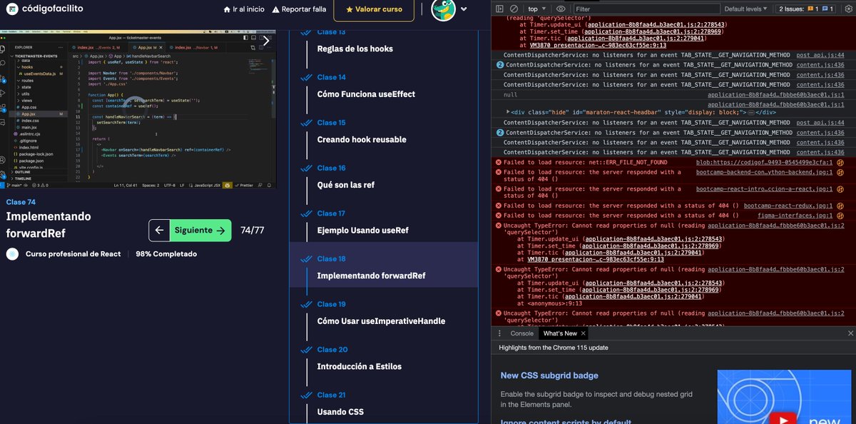 redesyef's tweet photo. Super agradecido con
@codigofacilito
por la #MaratonReact, hay un par de errores en el curso profesional de Reac, 1. No se permite marcar como terminado el modulo 5 clase 18 2. Del módulo 4 salta al módulo 6 y toma el módulo 5 como el final. Excelente curso 🥳 https://t.co/dTxBYZHTMY