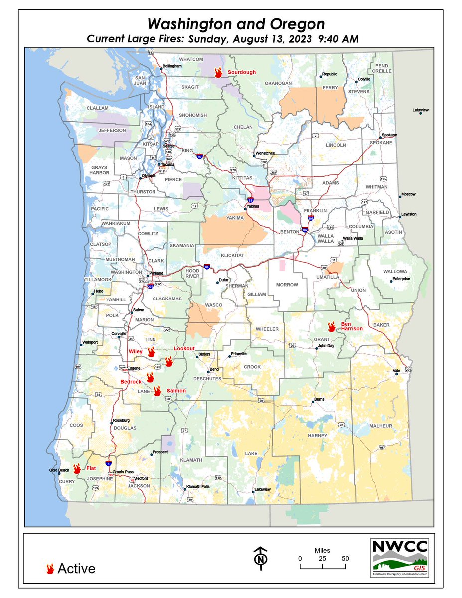 NWCCInfo's tweet photo. The NW currently has over 2,600 firefighters and support personnel working on 7 large fires with 52,800 affected acres. Firefighting resources are prepositioned to address new starts with red flag warnings and heat warnings across most of the geographic area. https://t.co/M0n4HxULR0