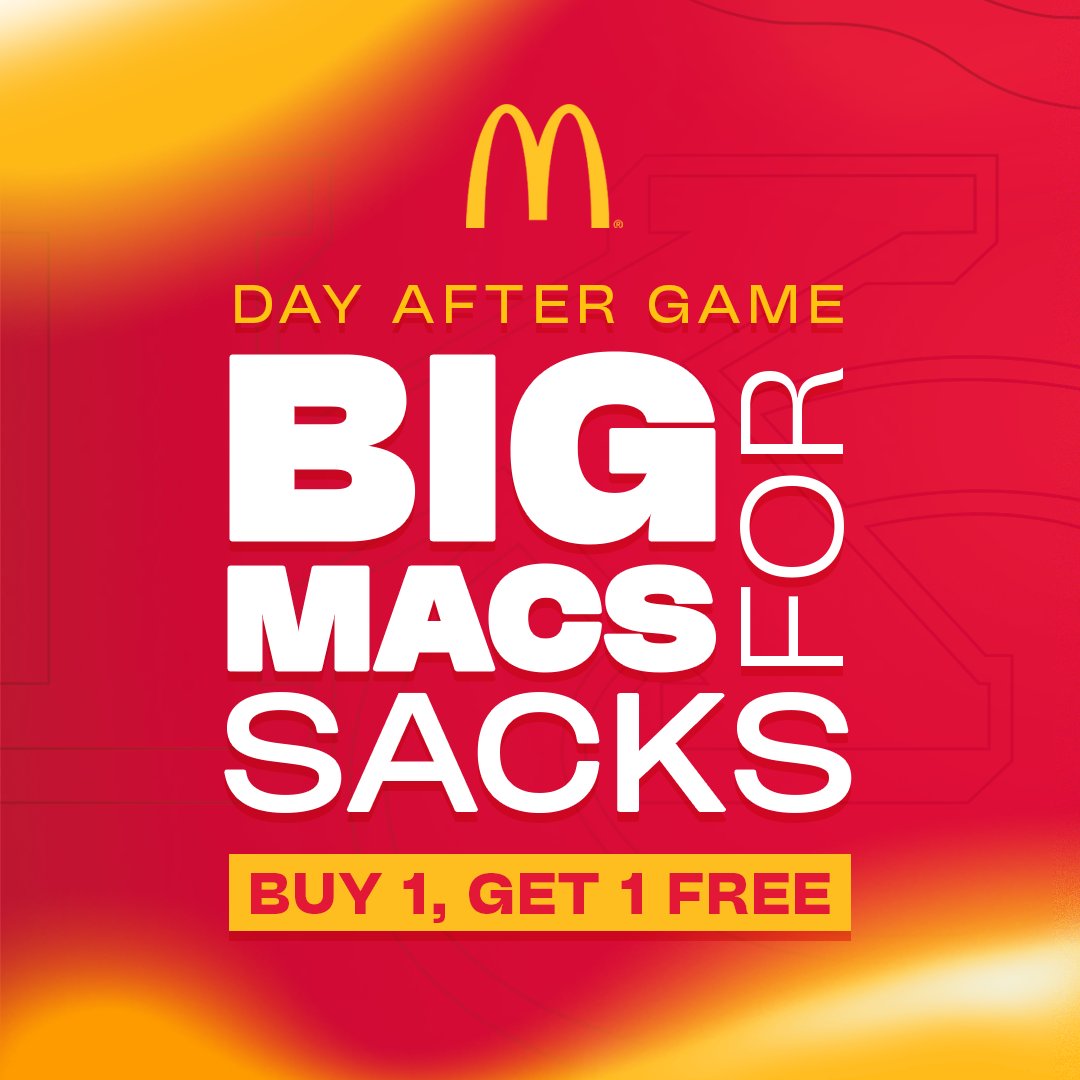 Chiefs's tweet photo. Chiefs Kingdom... we've been waiting to say this one for a while.

Big Macs will be buy one, get one free tomorrow at KC-area McDonald's. #BigMacSack https://t.co/Tswx97GU3x