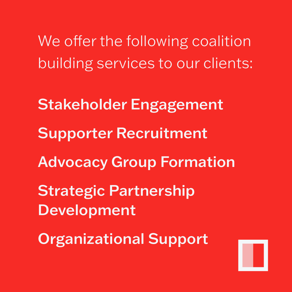 FellsGroup's tweet photo. Coalitions made up of stakeholders, organizations, validators, and activists are a critical component to advancing any issue in today’s partisan and slow-pace policy environment. Fells Group specializes in utilizing our deep network and on-the-ground muscle mentality to identify and activate key organizations and people to advance the ball on a variety of issues. From affordable housing advocacy organizations to tech based issue groups, we have a long history of coalition building across industry and issue lines.

→ https://t.co/bxxTAWadqL