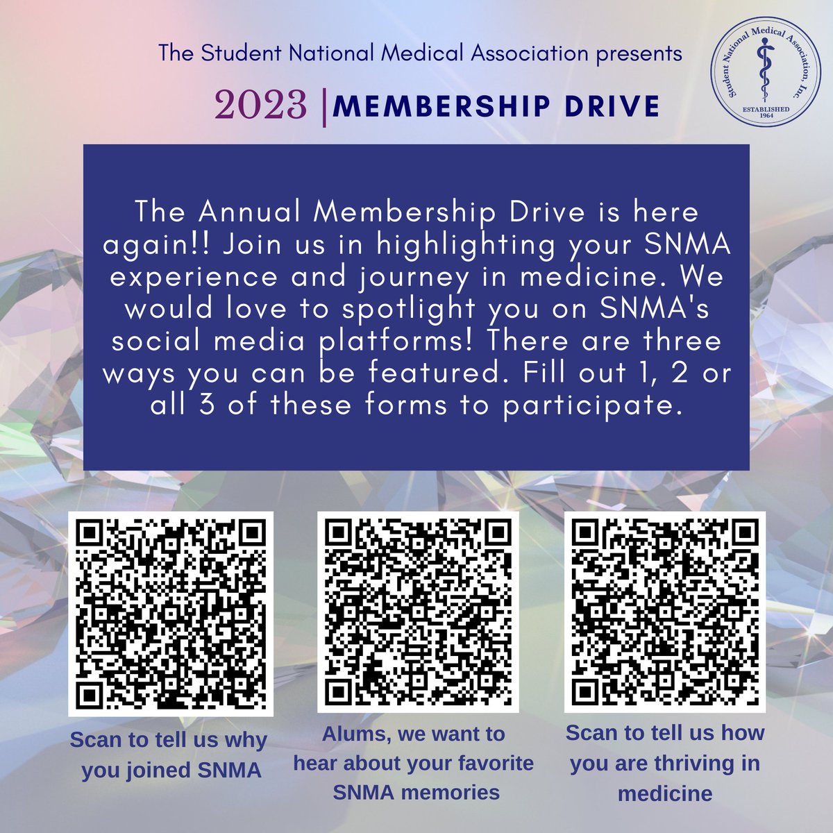 Our 2023 Membership Drive is here! This year's theme is "Diamonds in Medicine: Brilliance in Diversity," which embodies what being a part of the SNMA means. Stay tuned as we show you what it means to be an SNMA member.

 #SNMAMembershipDrive2023 #DiamondsinMedicine #SNMA