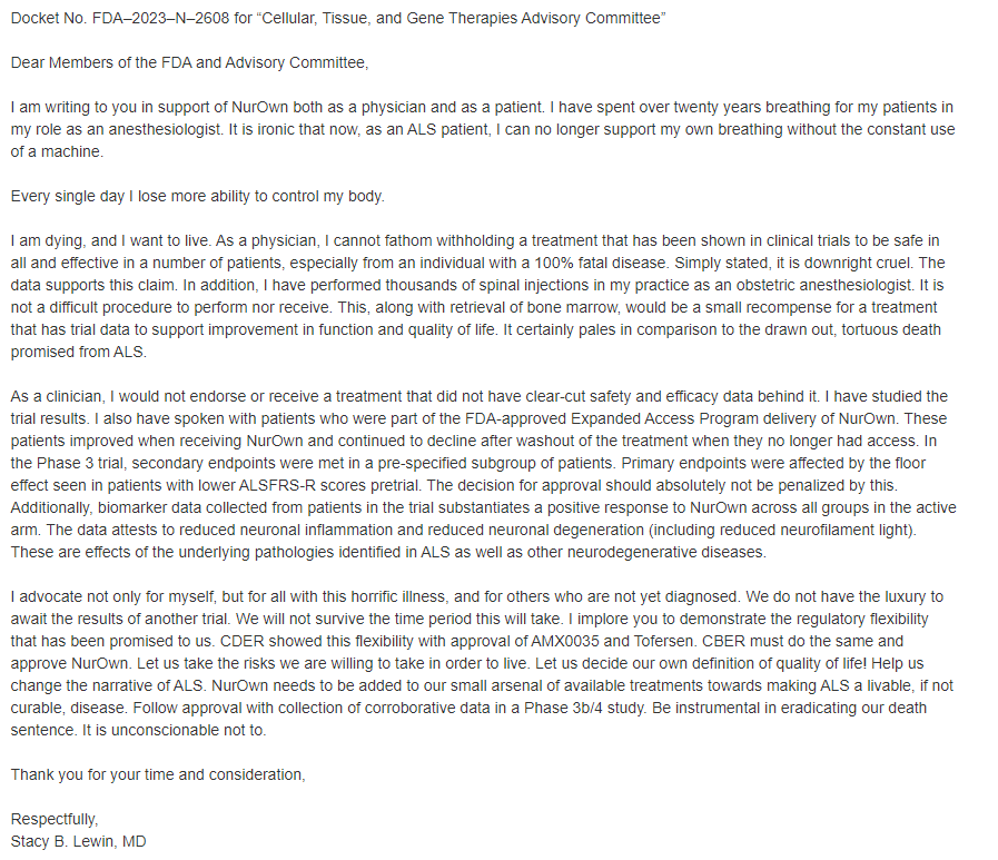 aVoice4ALS's tweet image. MD with #ALS on #NurOwn 

"As a physician, I cannot fathom withholding a treatment that has been shown in clinical trials to be safe in all &amp;amp; effective in a number of patients, especially from an individual with a 100% fatal disease"

@DrCaliff_FDA @POTUS
regulations.gov/comment/FDA-20…