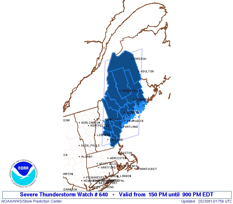 #SevereThunderstormWatch #mewx #nhwx #severeweather #uswx 

A severe thunderstorm watch in effect for #Maine and a small portion of #NewHampshire until 9 PM EDT