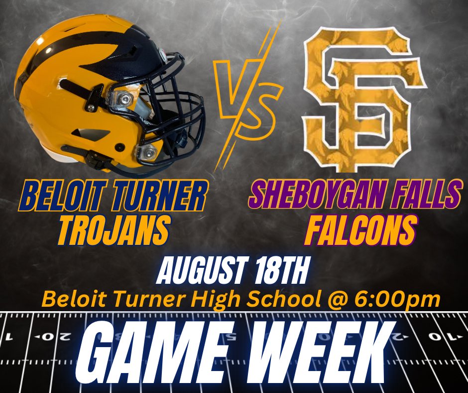 TROJAN NATION!! 🏈⚔️ Are you ready for some football?!?! This Friday your Beloit Turner Trojans open the season with a home game against the Sheboygan Falls Falcons🔥 Kickoff is @ 6:00pm 

PACK THE STANDS &amp; BE LOUD 📢 💙💛 #WinTheDay