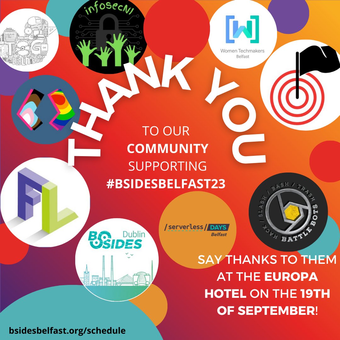 #BsidesBelfast23 is just a small part of the amazing tech community in #NI, and we're proud to partner with friends like <a href="/NIDevConf/">NIDC</a> <a href="/BFSServerless/">ServerlessDays Belfast</a> @farsetlabs <a href="/ZeroDaysCTF/">ZeroDays CTF</a> <a href="/InfosecBots/">Infosec Battle Bots</a> <a href="/infosecni/">infosecni</a> <a href="/WTMBelfast/">Women Techmakers Belfast</a> <a href="/BSidesDublin/">Security BSides Dublin</a> and <a href="/TOG_Dublin/">Tog Hackerspace</a> 🫶