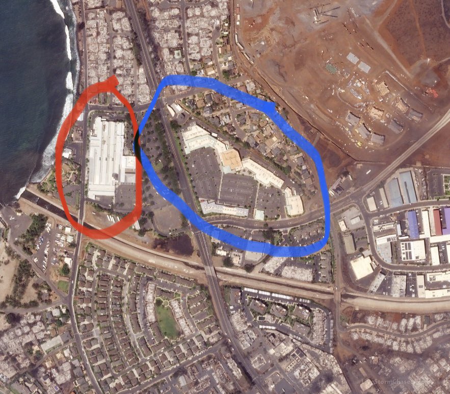 ChrisHansenRCF's tweet photo. @Julesd691217711 @RodMakeKidsBald @ToddCefaratti_ @leslibless Safeway in red, strip mall in blue.

The housing below is new as well but I’m guessing the waterway helped create a fire break. Also the fire could’ve had multiple ignition points. So north Lahaina and the southern/historic part could’ve been from separate sources. https://t.co/j6a9mgIkYG