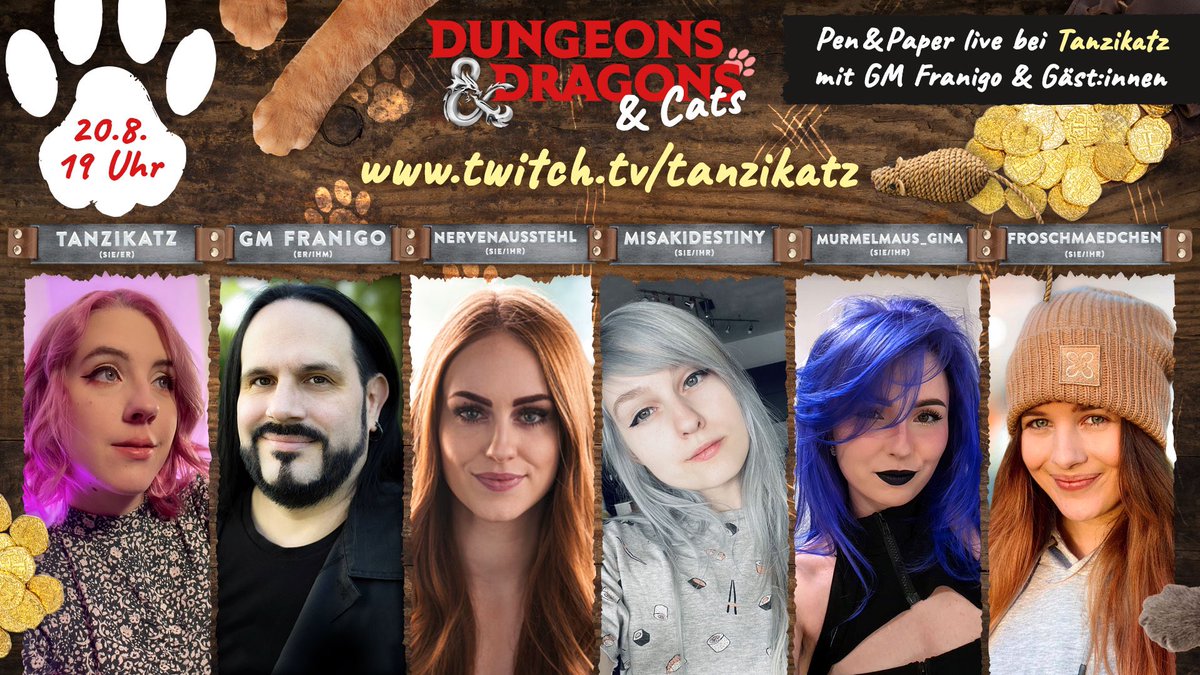 tanzikatz's tweet photo. Ich hab euch eine Ankündigung versprochen: Hier ist sie! 🥳 Nächsten Sonntag um 19 Uhr spielen wir DnD mir KATZEN! 🐱🐾 Mit dabei: DM @FranigoRolls, Spielerinnen Anabelle Stehl, @_MisakiDestiny_, @ginamiee und @froschmaedchen_ 🐾✨ ICH FREUE MICH SO AHHH https://t.co/ixIvapUTkX