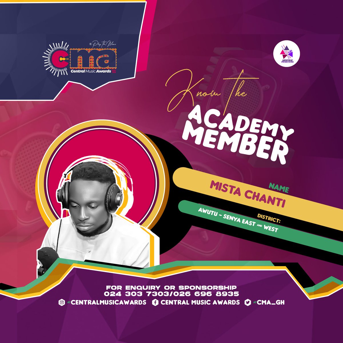 Obaatanpa Radio’s finest “Drive Time” host, Mista Chanti is our academy representative for AWUTU-SENYA EAST &amp; WEST. 

NB: Nominations for the 12th Central Music Awards open on Monday, August 28th, 2023. 

The <a href="/CMA_Gh/">𝐂𝐞𝐧𝐭𝐫𝐚𝐥 𝐌𝐮𝐬𝐢𝐜 𝐀𝐰𝐚𝐫𝐝𝐬 2025</a> is powered by <a href="/heritagepromogh/">Heritage Promotions</a> 

#CMA23 #PlayTheMusic