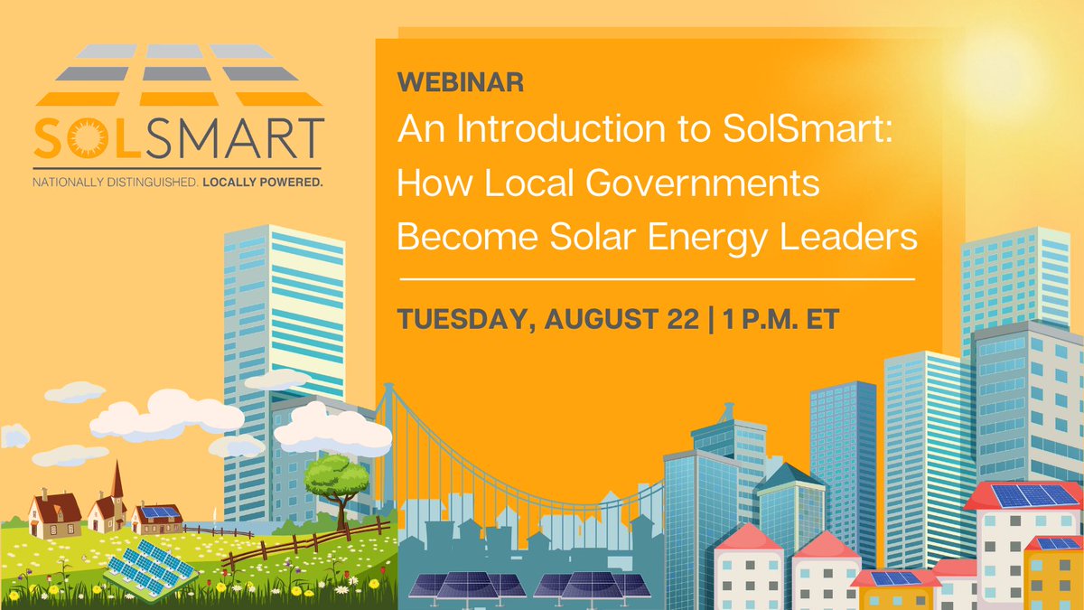Empower your community with solar energy! On August 22 at 1 p.m. ET, join us to learn how <a href="/GoSolSmart/">SolSmart</a> can help your local jurisdiction reduce barriers to solar energy growth and save costs in doing so! bit.ly/444CPc2