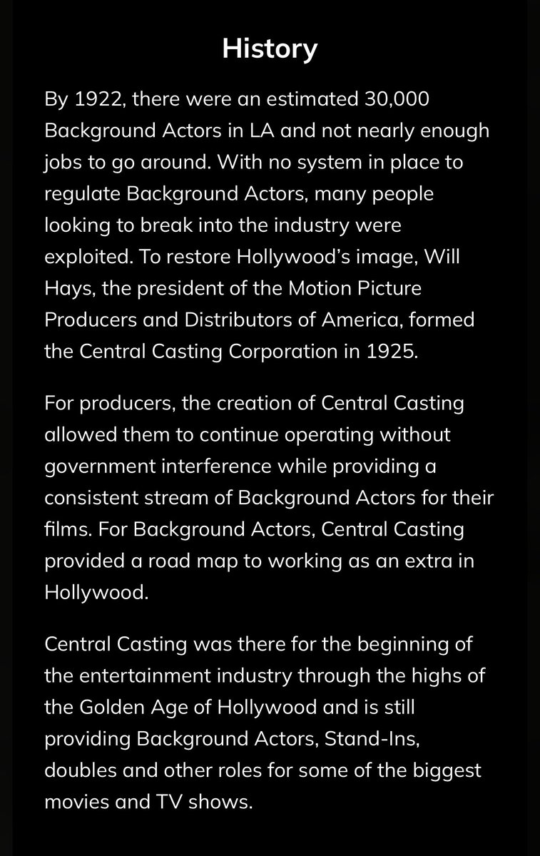 “Welcome to Central Casting, the leading Background Actors casting company in the United States… and a division of Entertainment Partners, the largest provider of entertainment industry services and solutions in the U.S.” 👉🏼 “By 1922, there were an estimated 30,000 CAA Actors.”