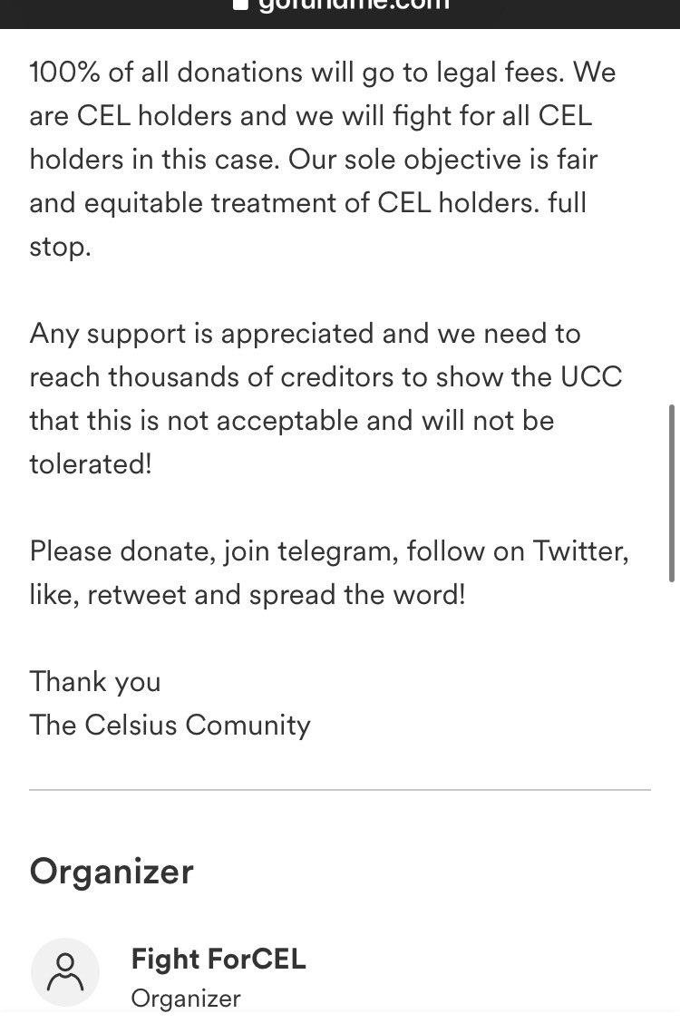 @Holmes_Crypto_ @ChazzonKe @Ang_0ne Going  to archive the CEL81 GoFundMe here. 

Had only @elveton101 donated more for their cause they could have gotten two instead of just over one billable hour of K&E equivalent ($2,200 🤣)