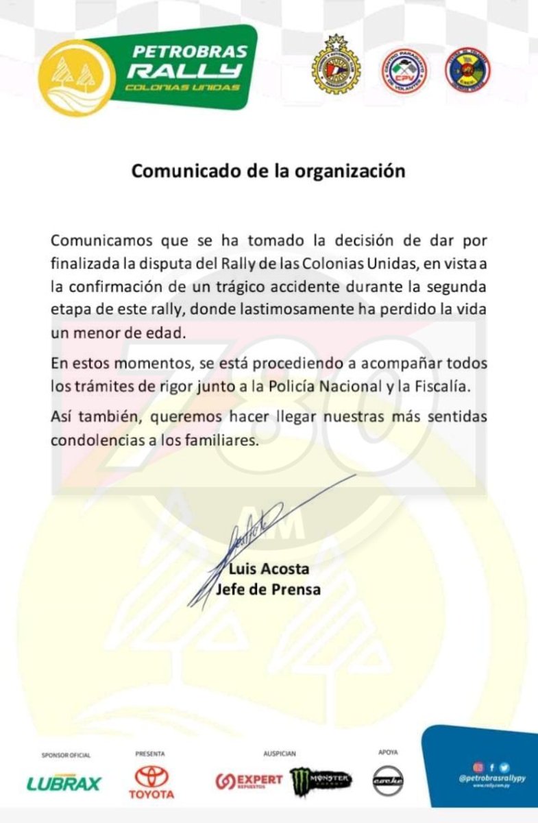 780AM's tweet photo. 𝗧𝗥𝗔𝗚𝗘𝗗𝗜𝗔 𝗘𝗡 𝗥𝗔𝗟𝗟𝗬 𝗗𝗘 𝗜𝗧𝗔𝗣𝗨́𝗔😰 |

❌La organización del Rally de las Colonias Unidas finaliza la actividad ante la muerte de un niño de 6 años debido al impacto de una rueda que salió desprendida de uno de los vehículos durante la competencia

#780AM📻 https://t.co/wKgzzdqV32