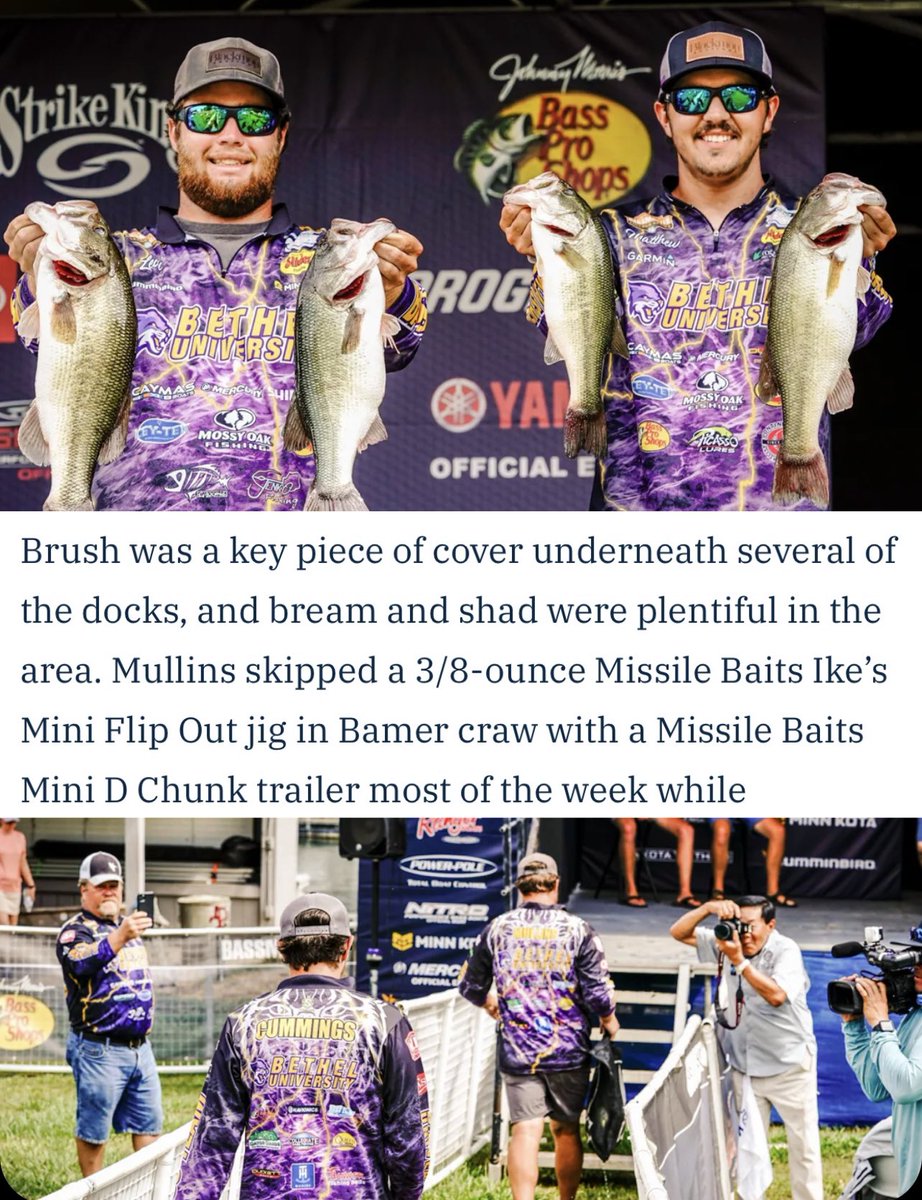 Matthew Cummings and Levi Mullins (Bethel University) finished 2nd in the Bassmaster College Championship on Lake Pickwick, fishing an Ike’s Mini Flip! 👊 #missilejigs #bassfishing missilebaits.store/products/missi…