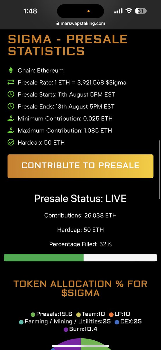$SGMA presale has hit the Soft Cap of 25 ETH!

This is super bullish for the first ever presale on <a href="/MARSWAP1/">Bitflow</a> 

Only about 2 hours left to get into the presale everyone hope your bags are packed. 💪🫡

Presale Link👇

marswapstaking.com/launchpad/