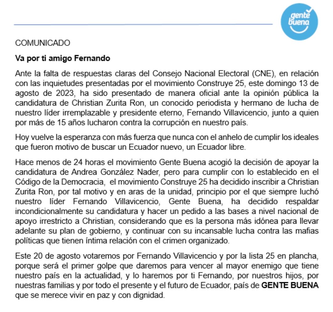COMUNICADO OFICIAL DEL MOVIMIENTO GENTE BUENA

VA POR TI FERNANDO 💪💪🇪🇨

#GenteBuena

TODO 25