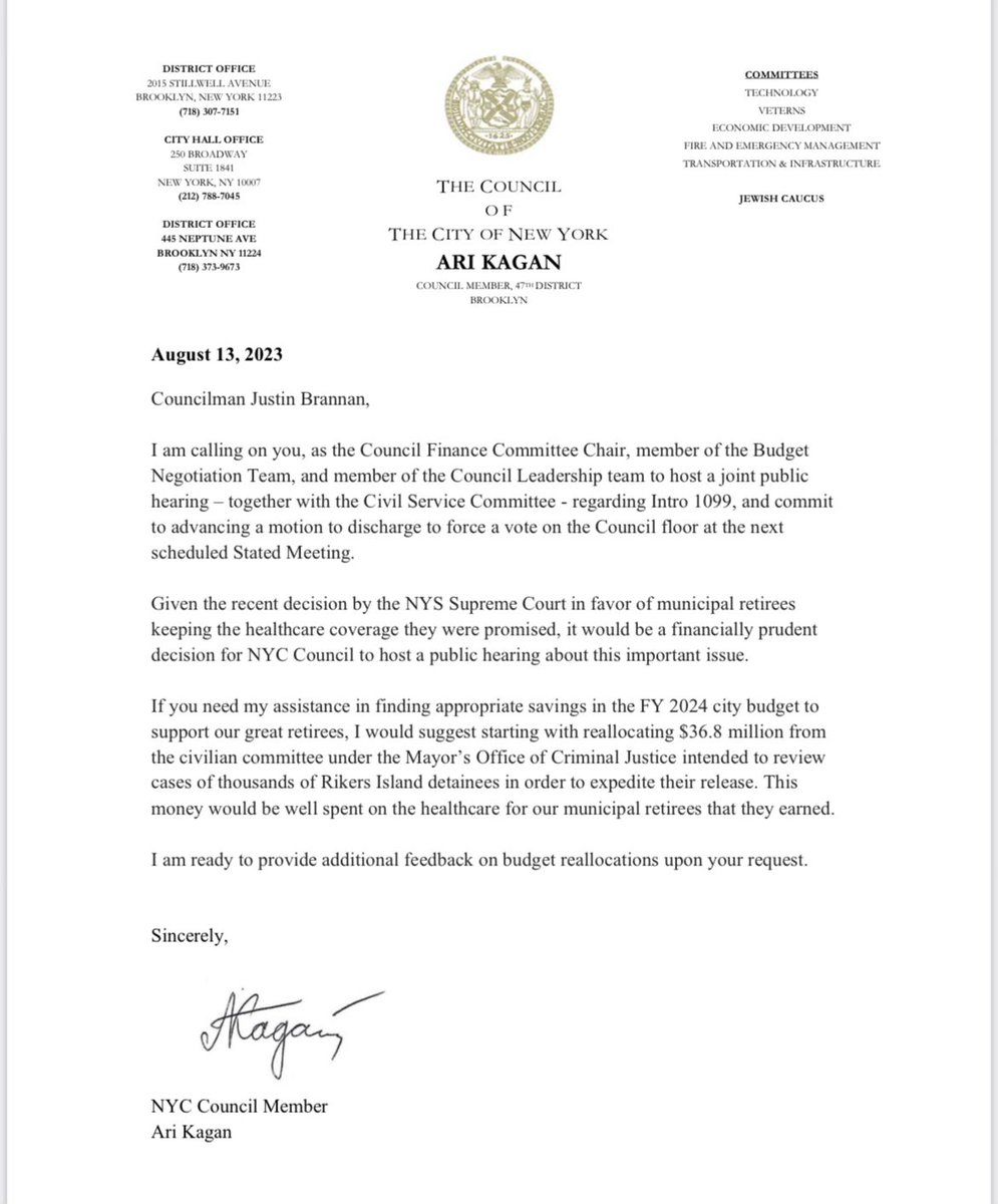 Council Member Ari Kagan (@cmarikagan47) on Twitter photo I am calling on <a href="/JustinBrannan/">Justin Brannan</a>, the Council Finance Chair, member of the Budget Negotiation Team, & Council Leadership Team, to host a public hearing on Intro 1099 and commit to advance a vote on the Council floor for our great retirees. I am calling on <a href="/JustinBrannan/">Justin Brannan</a>, the Council Finance Chair, member of the Budget Negotiation Team, & Council Leadership Team, to host a public hearing on Intro 1099 and commit to advance a vote on the Council floor for our great retirees.