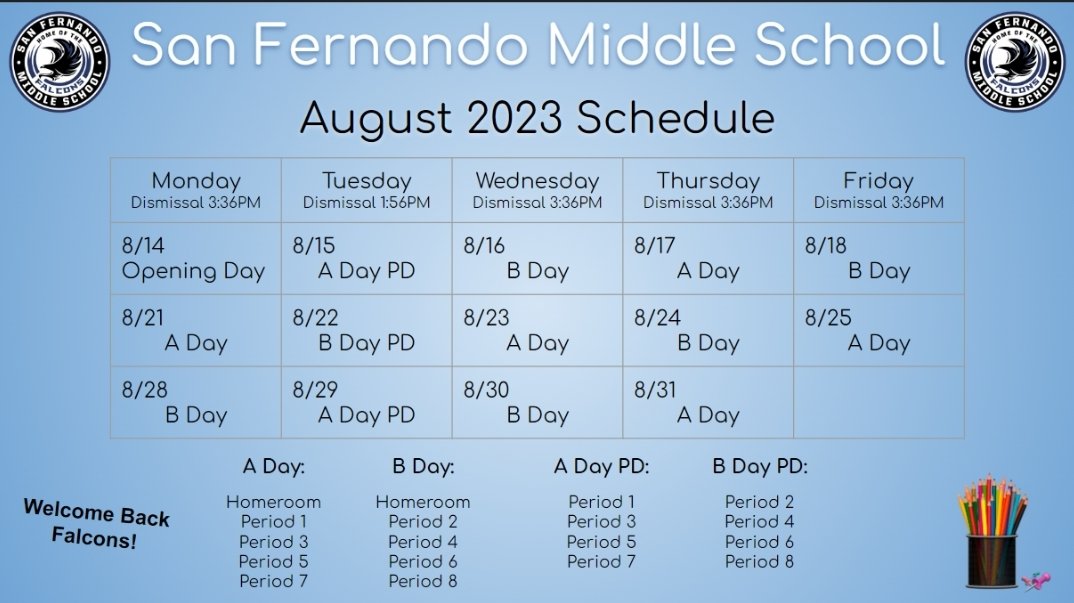 Falcons, this is the A/B day calendar for the month of August. We will also announce it each morning.

Aqui esta el calendario de dias A/B en agosto. Tambien se anunciaran cada mañana.