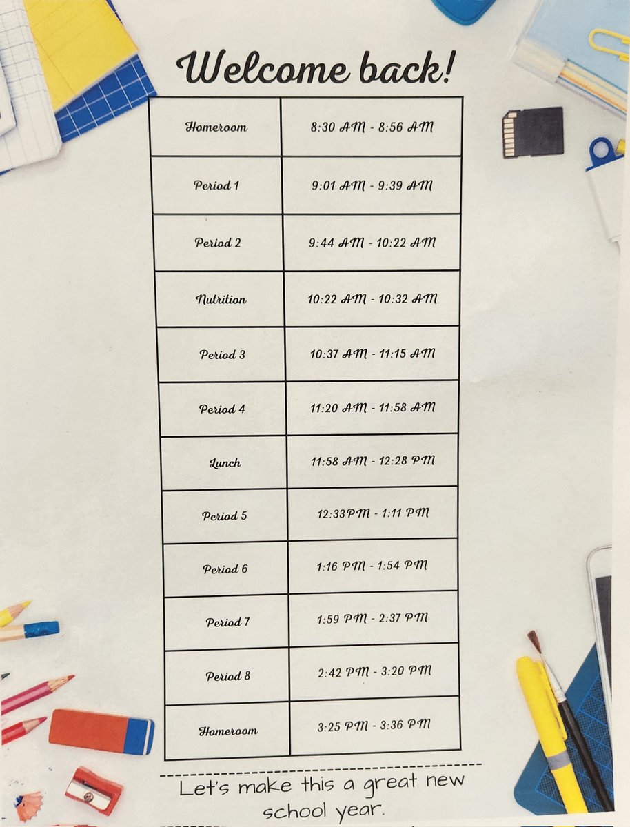 Hello Falcons, here is the bell schedule for the first day! You will get to meet all your teachers. See you Monday!

Hola, aqui esta el horario del primer dia. Los estudiantes podran conocer a todos sus maestros. Nos vemos el lunes!