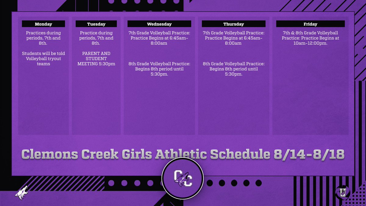 Clemons Creek Girls Athletic Schedule. 
Week of 8-14 through 8-18