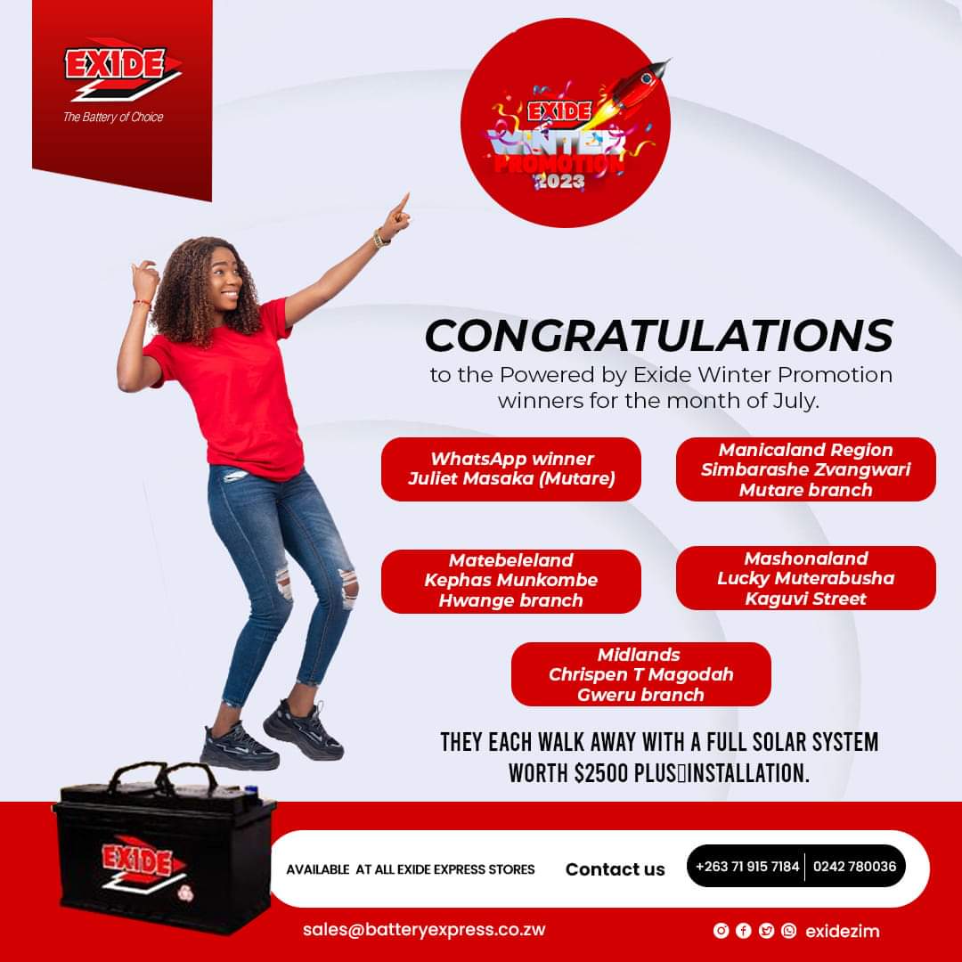 ExideZim's tweet photo. Thank you for supporting the tried and tested Exide products. Here is our July winners under the Powered by Exide Winter promotion. Each gets a full solar system & installation worth US$2500
#winterpromotion
@KhiamaBoys @Mavhure @takemorem1 @KUDZIELISTER2 @IdeasZaka @EsteemComms https://t.co/Shlb3Z9Epy