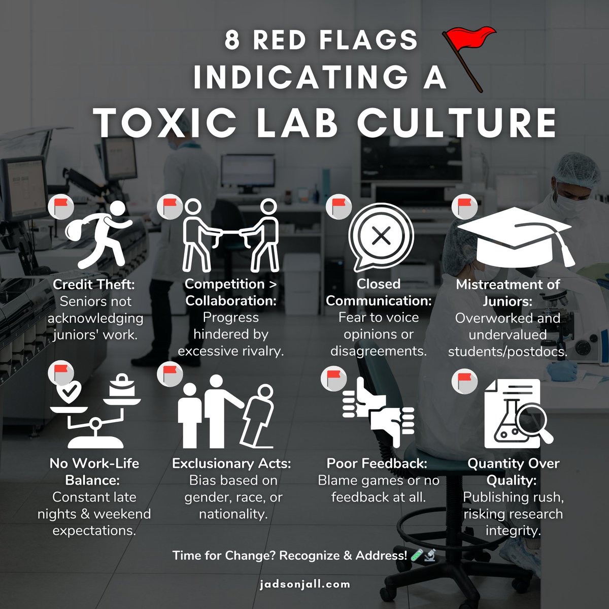 Colleagues and fellow researchers, Our community must be aware of these red flags, as they hinder our research's progress and quality and impact the mental and emotional well-being of our brightest minds. See the full post in my newsletter: jadsonjall.com/2023/08/13/8-r… #LabCulture…