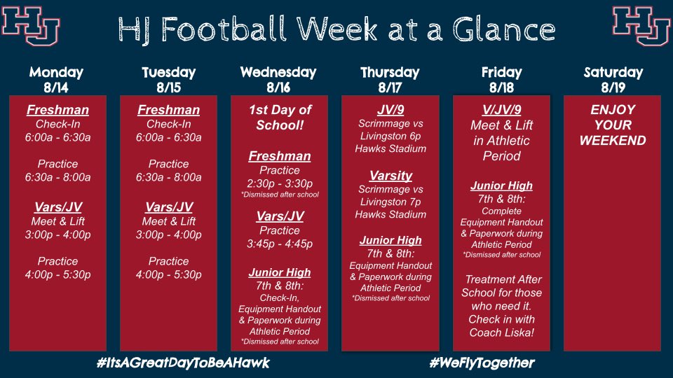 School starts this week📚✏️📓 🏈Freshman will practice in the Morning Mon/Tues 🏈JV/V in the Afternoon on Mon/Tues 🏈HJJH will be in the period only Wed-Fri 🏈1st Day of School is Wed 8/16 #WeFlyTogether🦅