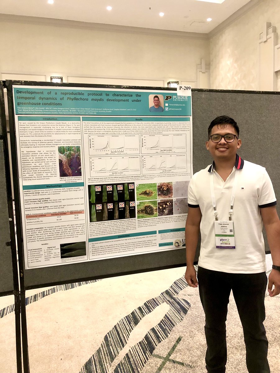 FidelJimenez164's tweet photo. Hi all at #PlantHealth2023. If you are interested to know about artificial inoculations of tar spot 🌽 under greenhouse conditions, feel free to stop by my poster. 

Poster session: Epidemiology I
When: Monday, 4:15-5:00 pm
Poster number: P-209

See you! https://t.co/da78SHayaU