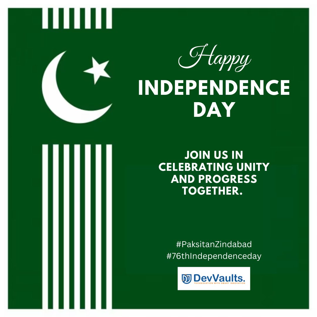 DevVaults's tweet photo. Celebrating Independence Day with unity &amp; pride! DevVaults is proud to be part of Pakistan's journey, brightening dreams &amp; building futures. Together, let's inspire growth! 

#IndependenceDay #DevVaultsCommunity https://t.co/UoBTnPjnZz
